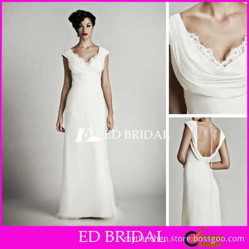 Sheath Column Cap Sleeve Chiffon V Neck Draped Open Low Back Wedding Dresses